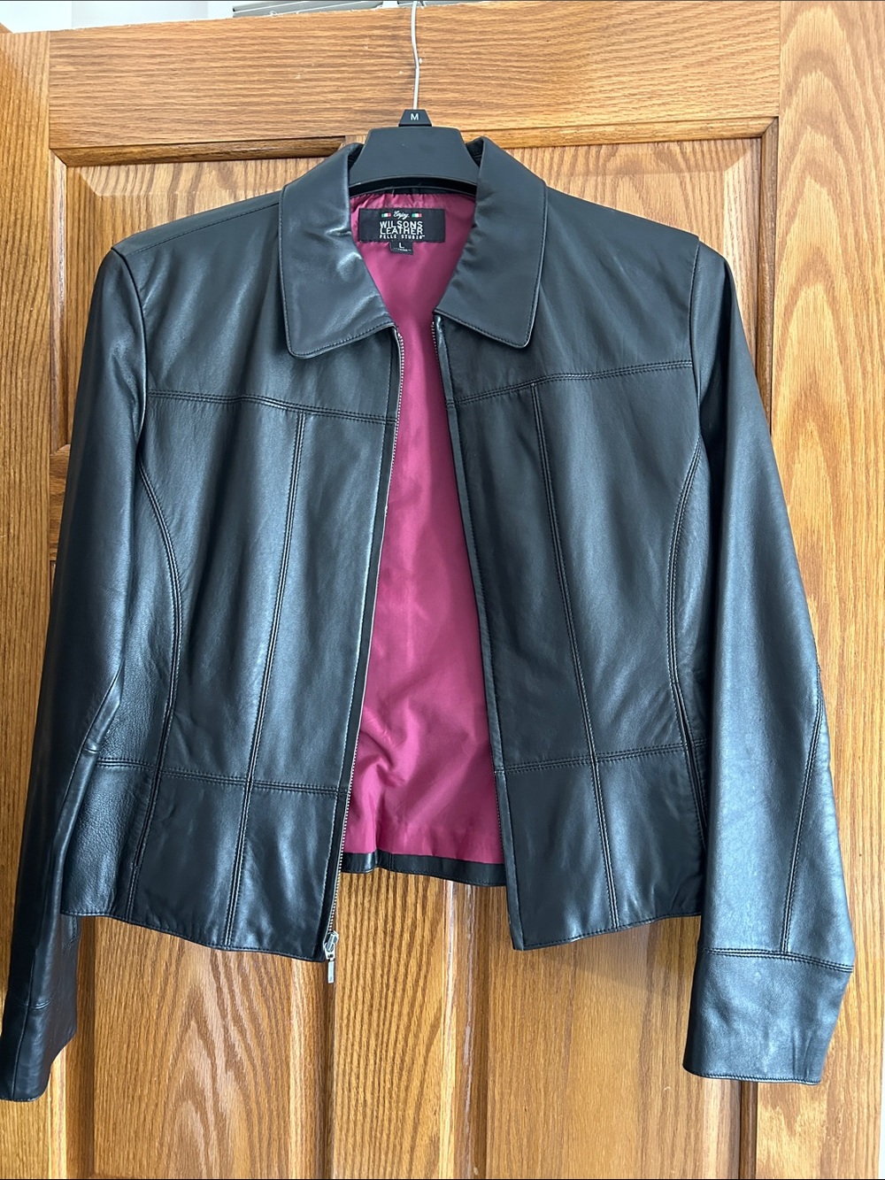 Wilsons Leather Black Women's Leather Jacket with Burgundy Lining